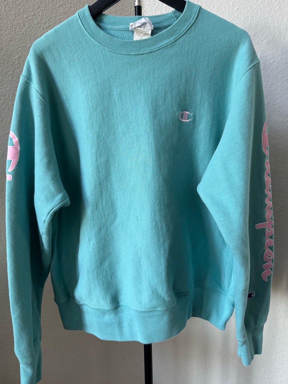 Champion Women’s Crewneck Sweatshirt - Aqua with Pink Accents